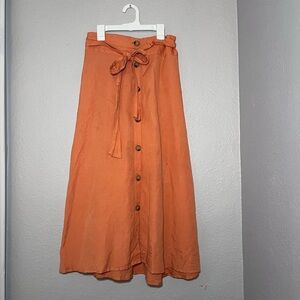 A New Day Women Orange Button Down Belted Midi Skirt Linen Blend Size Small